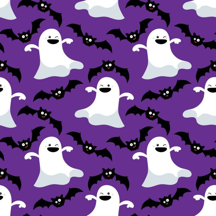 Halloween Dancing Ghosts and Bats on Purple 100% Cotton Fabric