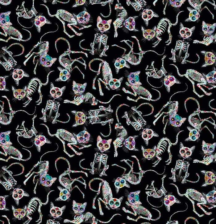 Halloween Day of the Dead Tossed Skeleton Cats on Black