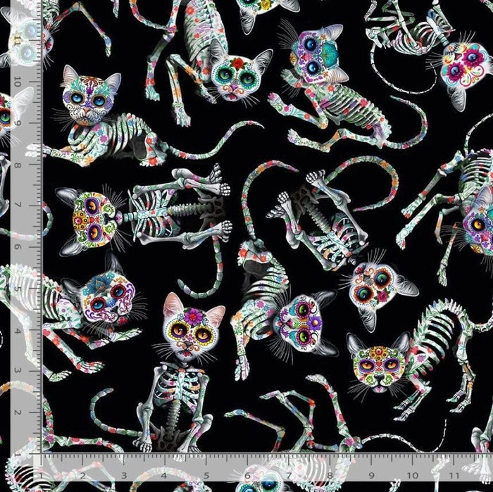 Halloween Day of the Dead Tossed Skeleton Cats on Black