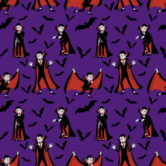 Halloween Dracula Vampire on Purple 100% Cotton Fabric