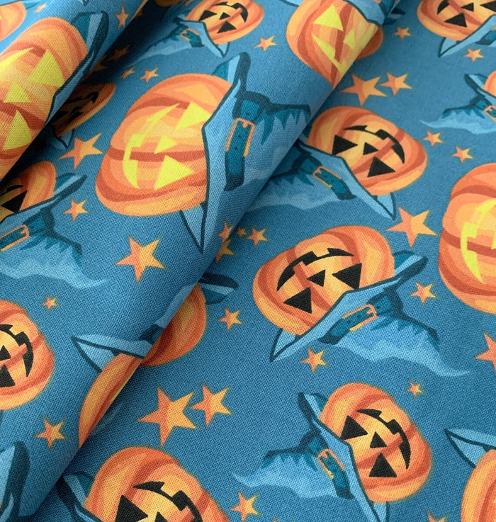 Halloween Fabric Smiling Pumpkins Jack o Lantern on Blue by the yard