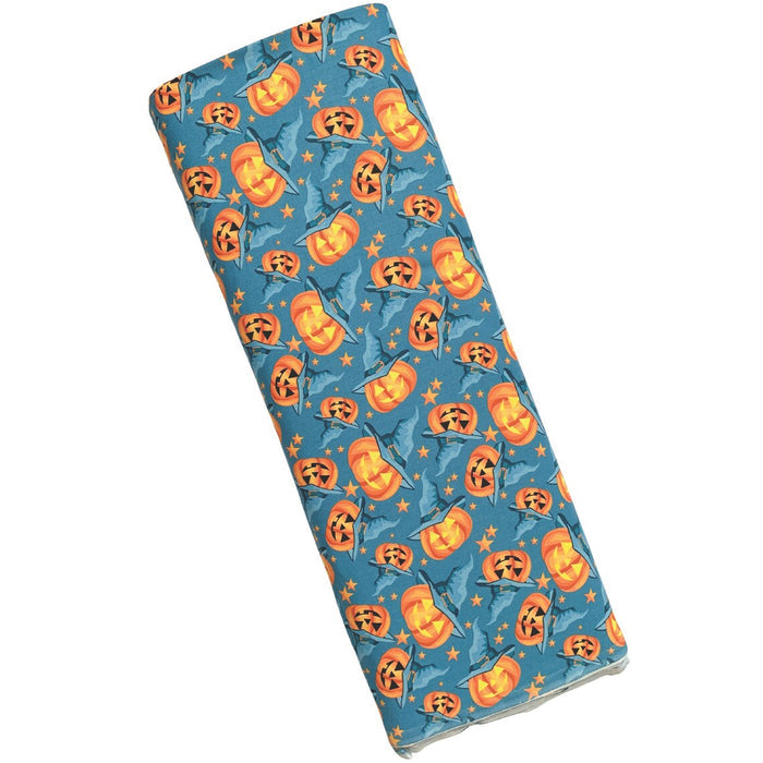 Halloween Fabric Smiling Pumpkins Jack o Lantern on Blue by the yard