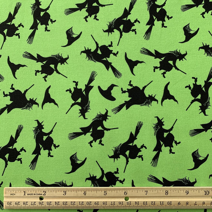 Halloween Flying Witches on Broomsticks on Green 100% Cotton Fabric