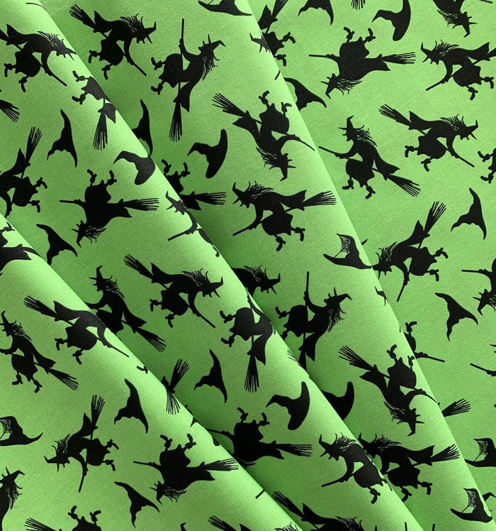 Halloween Flying Witches on Broomsticks on Green 100% Cotton Fabric