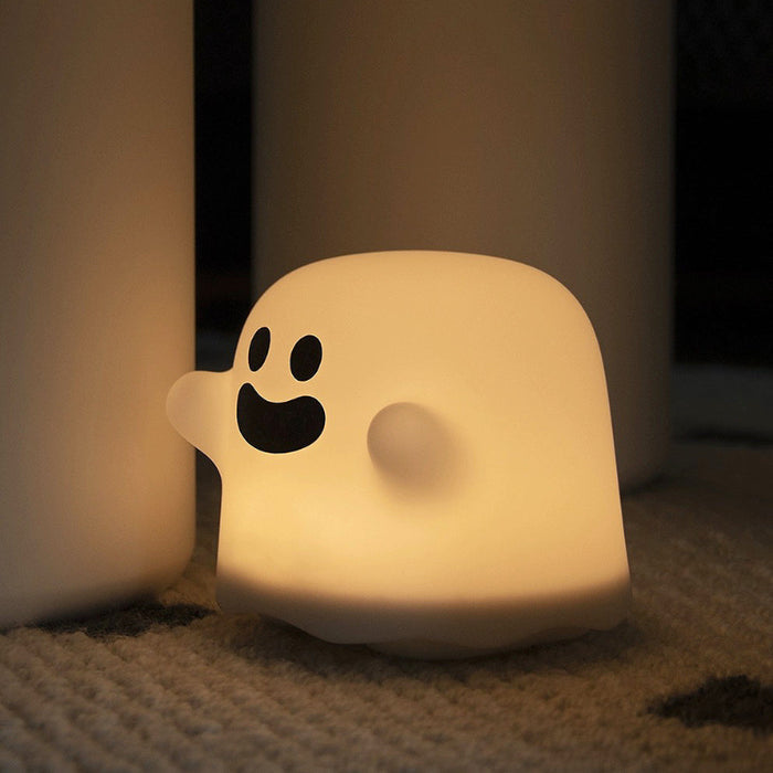 Angled view of Halloween Ghost Lamp with smile face , suitable for  festive atmosphere and everyday use.