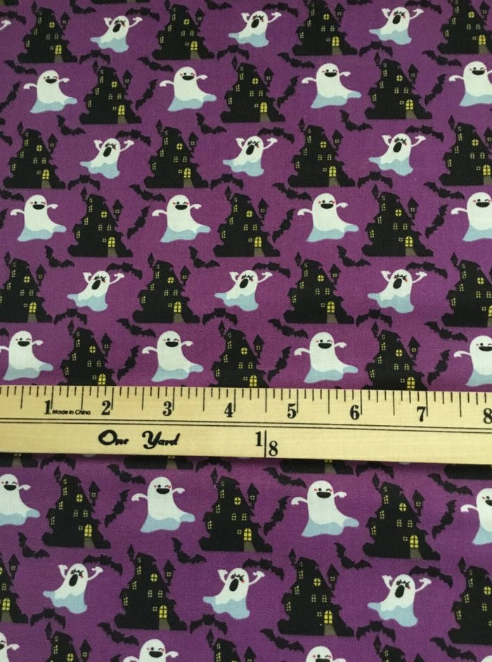 Halloween Ghosts and Haunted House on Purple 100% Cotton Fabric