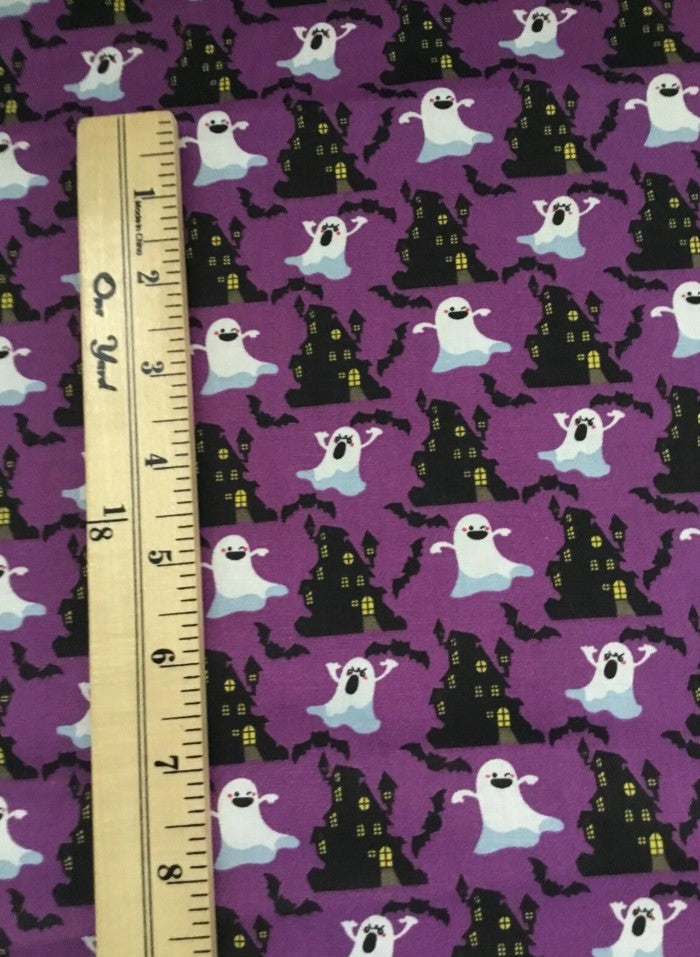 Halloween Ghosts and Haunted House on Purple 100% Cotton Fabric