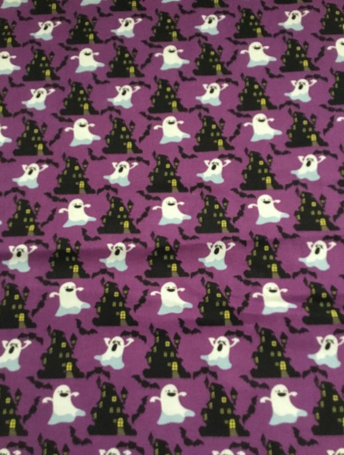 Halloween Ghosts and Haunted House on Purple 100% Cotton Fabric