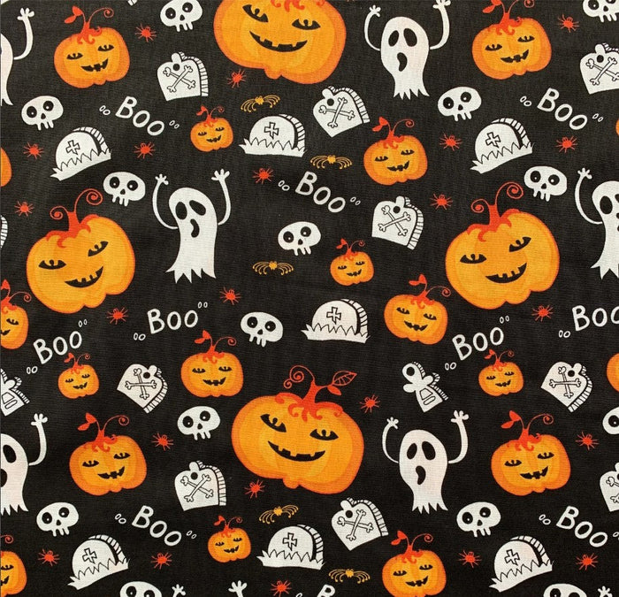 Halloween Ghosts BOO and Pumpkins on Black 100% Cotton Fabric