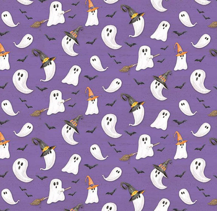 Halloween Ghosts in Witches Hats Brooms and Bats on Purple 100% Cotton Price Per Yard