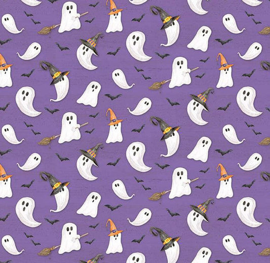 Halloween Ghosts in Witches Hats Brooms and Bats on Purple 100% Cotton Price Per Yard