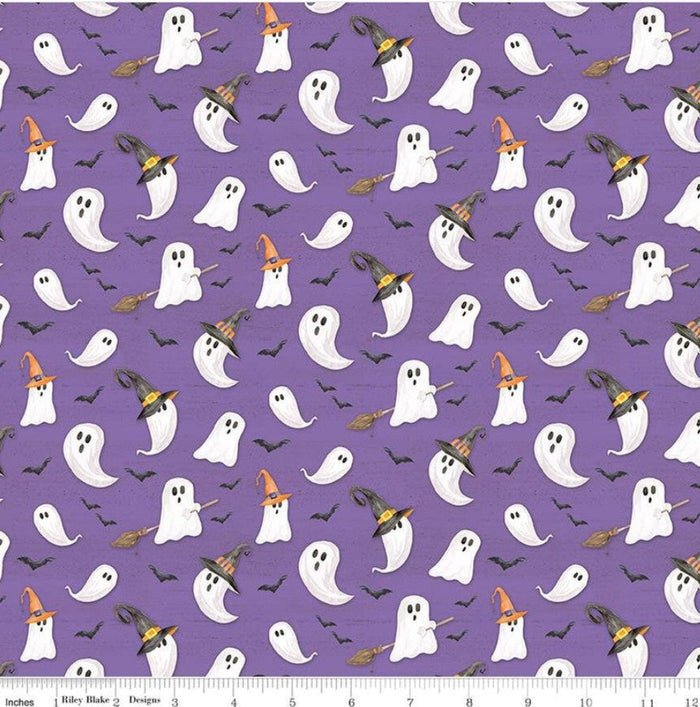 Halloween Ghosts in Witches Hats Brooms and Bats on Purple 100% Cotton Price Per Yard