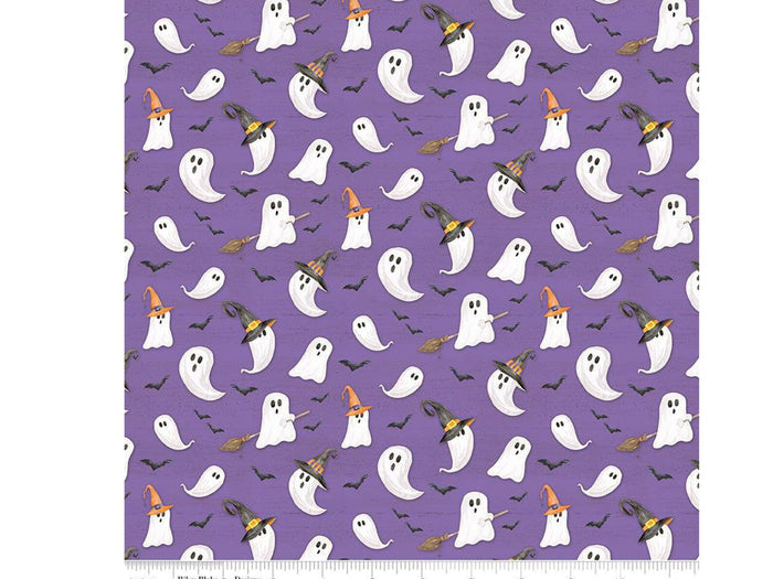 Halloween Ghosts in Witches Hats Brooms and Bats on Purple 100% Cotton Price Per Yard