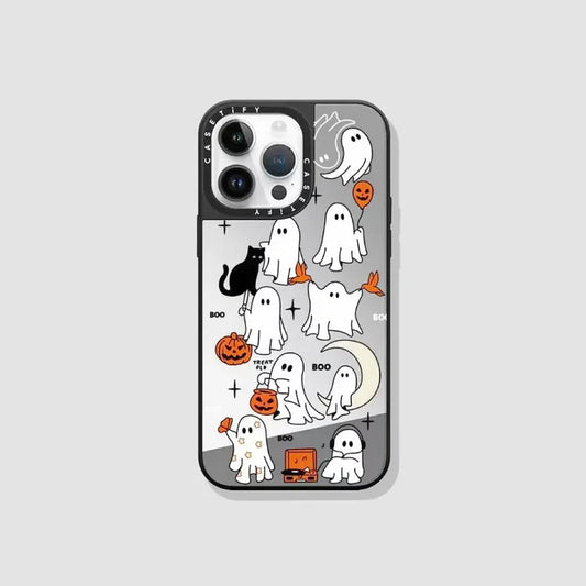 Halloween Mirror Boo Case with ghost, cat, and pumpkin designs on a gray background. Seasonal accessory.