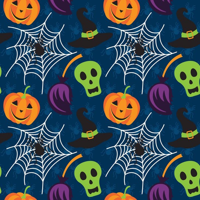 Halloween Pumpkin Skull Spiderweb on Blue 100% Cotton Fabric