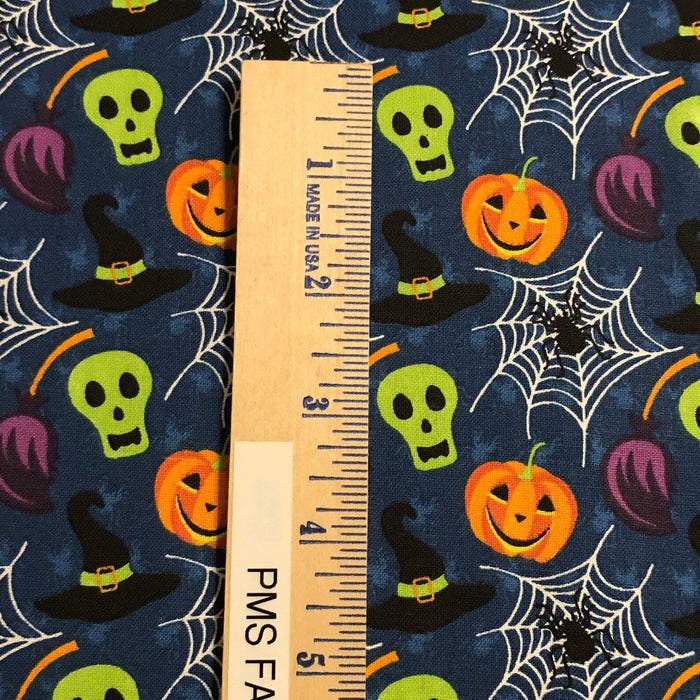 Halloween Pumpkin Skull Spiderweb on Blue 100% Cotton Fabric