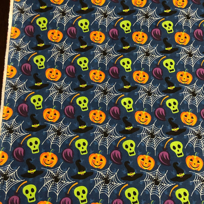 Halloween Pumpkin Skull Spiderweb on Blue 100% Cotton Fabric