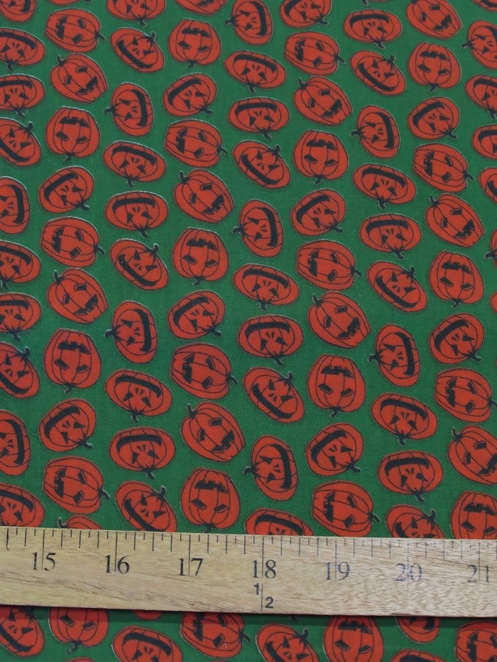 Halloween Pumpkins Green Poly Cotton Fabric