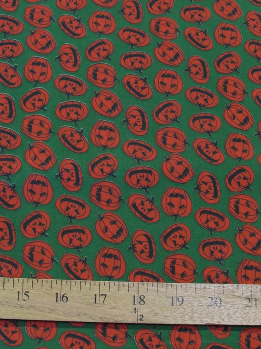 Halloween Pumpkins Green Poly Cotton Fabric