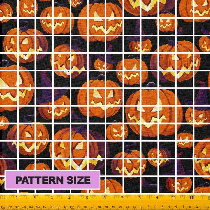 Halloween Smiling Pumpkin Jack o Lantern with Witches Hats on Black 100% Cotton Fabric