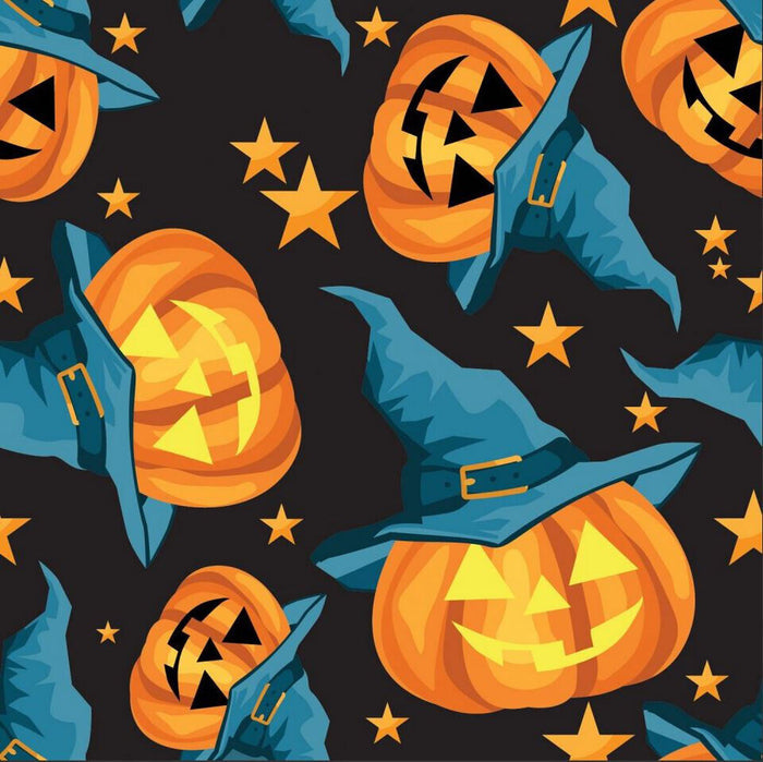 Halloween Smiling Pumpkins Jack o Lantern on Black 100% Cotton