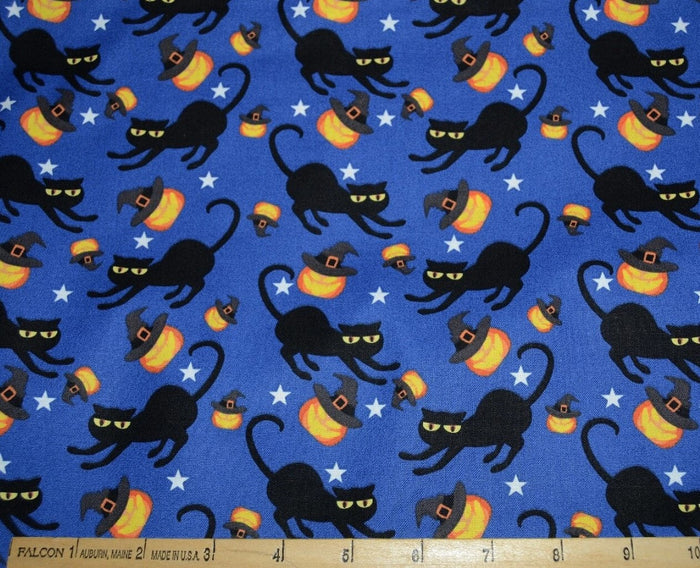 Halloween Spooky Black Cats and Tossed Pumpkins on Blue 100% Cotton Fabric