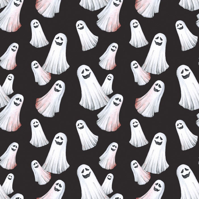 Halloween Spooky Smiling Ghosts on Black 100% Cotton Fabric
