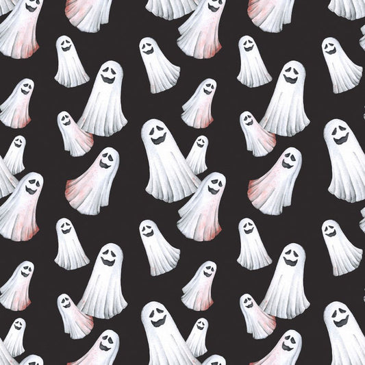Halloween Spooky Smiling Ghosts on Black 100% Cotton Fabric