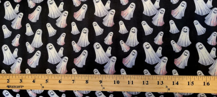 Halloween Spooky Smiling Ghosts on Black 100% Cotton Fabric