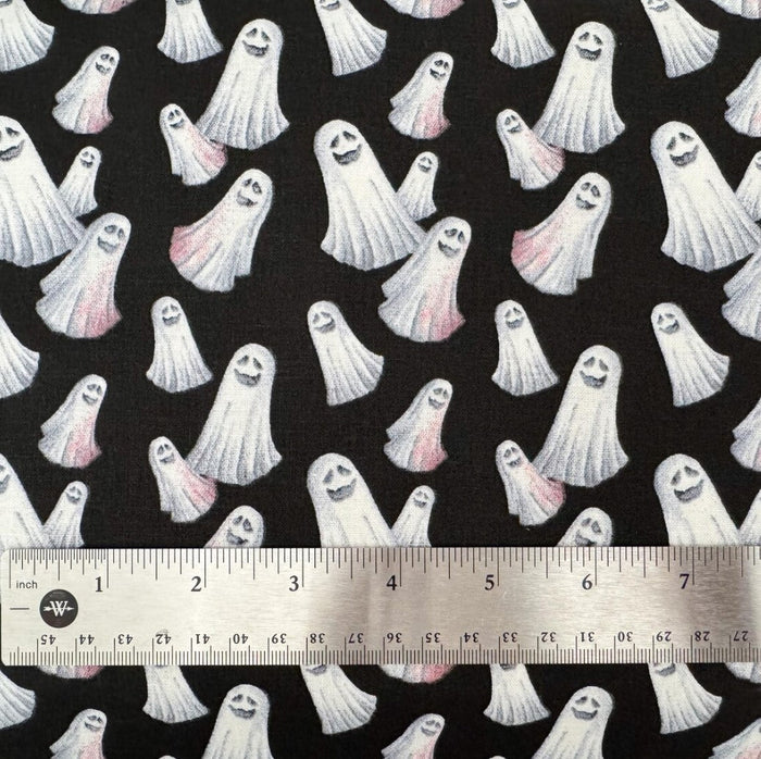 Halloween Spooky Smiling Ghosts on Black 100% Cotton Fabric