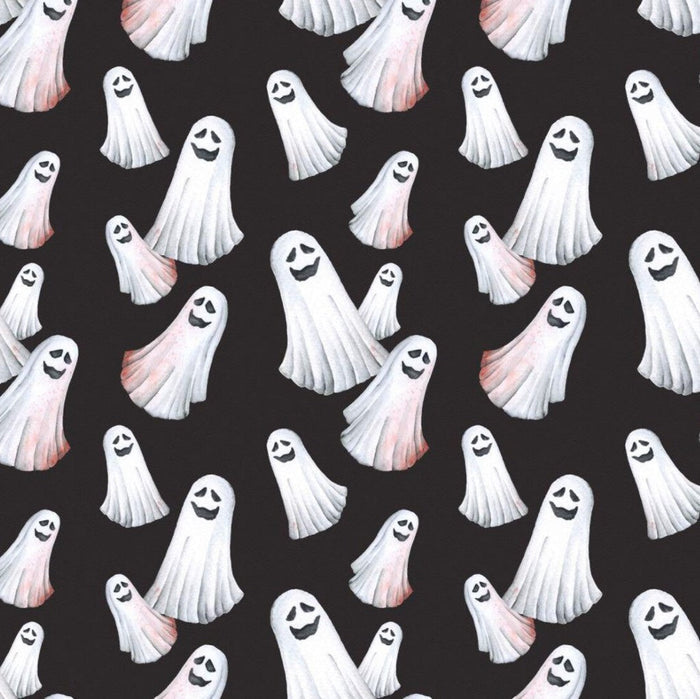 Halloween Spooky Smiling Ghosts on Black 100% Cotton Fabric