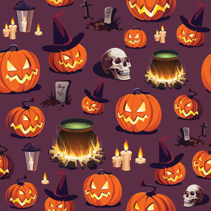 Halloween Spooky Smiling Pumpkin and Skulls on Purple 100% Cotton Fabric
