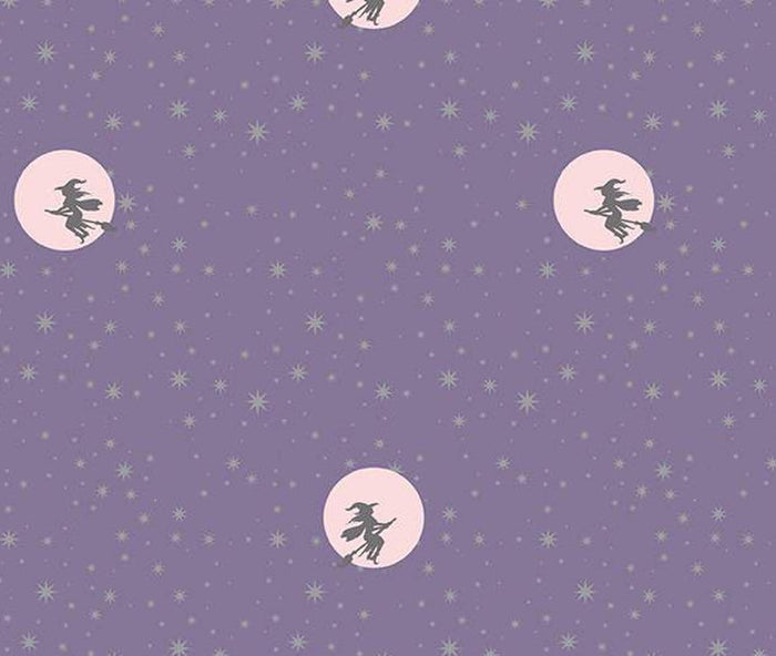 Halloween Starry Night Witch Moon Lilac on Purple Sparkle 100% Cotton Price Per Yard