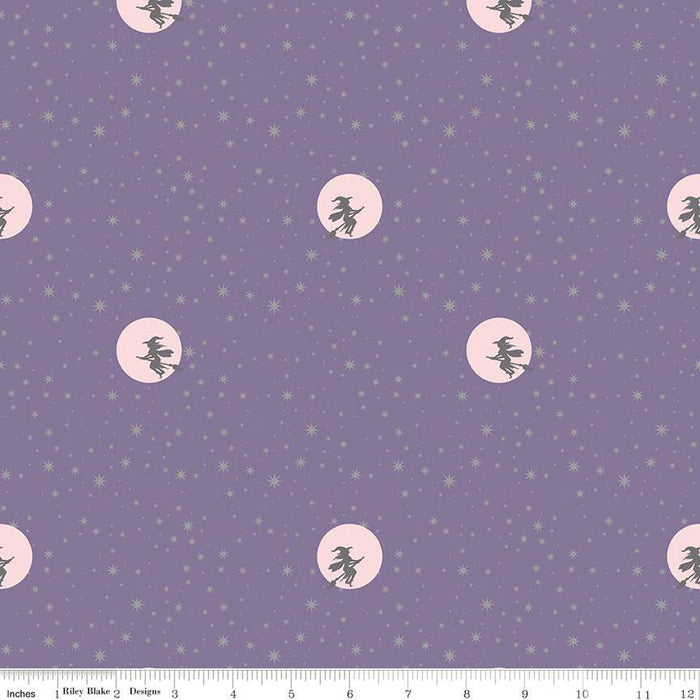 Halloween Starry Night Witch Moon Lilac on Purple Sparkle 100% Cotton Price Per Yard