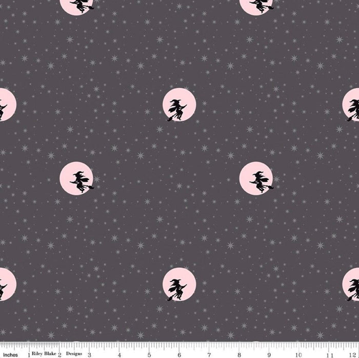 Halloween Starry Night Witch Moon on Gray Sparkle 100% Cotton Price Per Yard