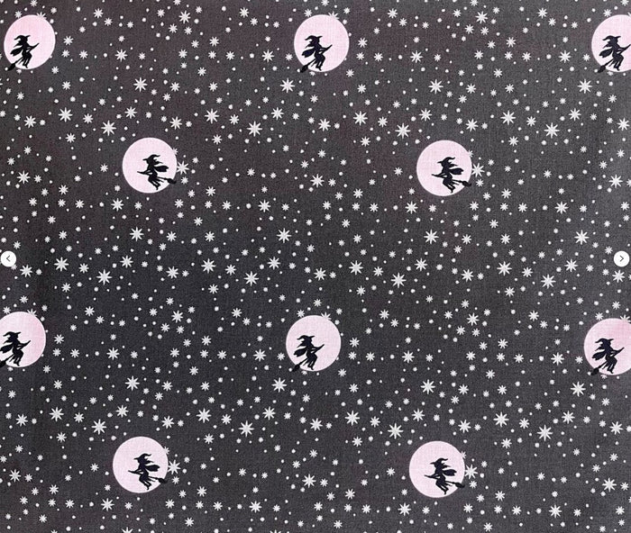 Halloween Starry Night Witch Moon on Gray Sparkle 100% Cotton Price Per Yard
