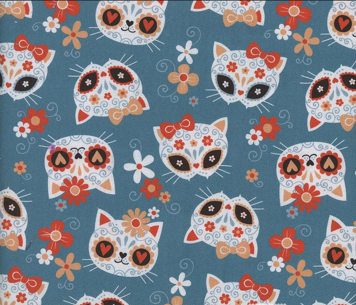 Halloween Sugar Skulls Cats on Teal 100% Cotton Fabric