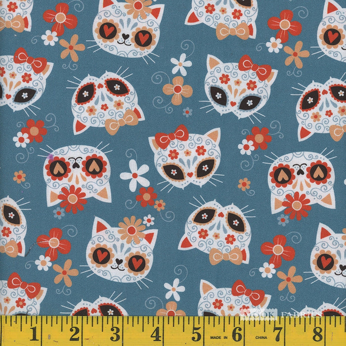 Halloween Sugar Skulls Cats on Teal 100% Cotton Fabric
