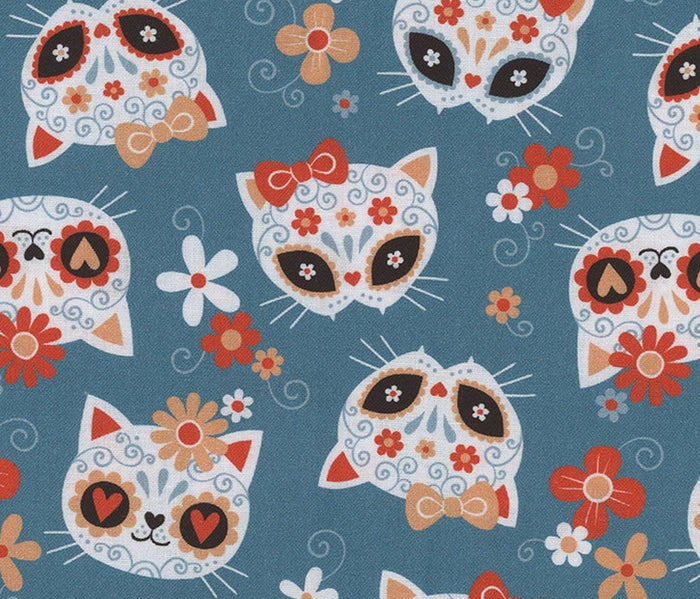 Halloween Sugar Skulls Cats on Teal 100% Cotton Fabric
