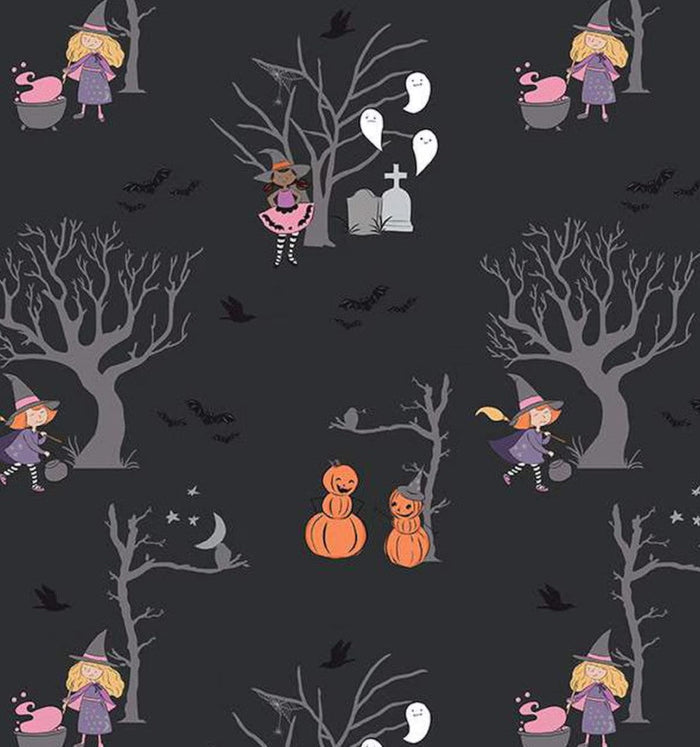 Halloween Witch Trees Pumpkins Sparkle on Black 100% Cotton Price Per Yard