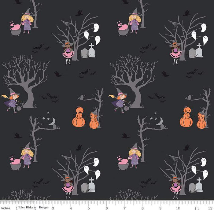 Halloween Witch Trees Pumpkins Sparkle on Black 100% Cotton Price Per Yard