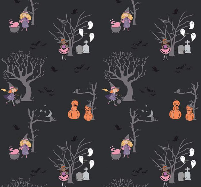 Halloween Witch Trees Pumpkins Sparkle on Black 100% Cotton Price Per Yard