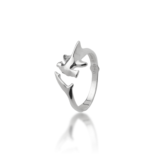 Hammerhead Shark Ring in Sterling Silver on a white background