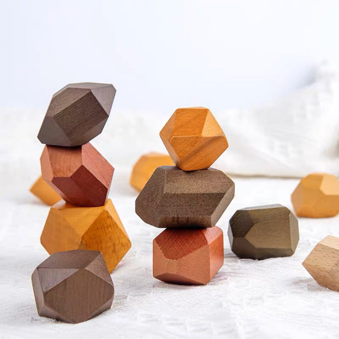Front view of Handmade beech stacked stones in varying natural wood tones and shapes, great for home decor.