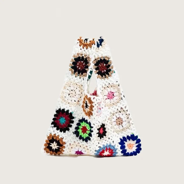 Front view of Handmade Crochet Flower Grid Bag in white, ideal for errands and gifting.