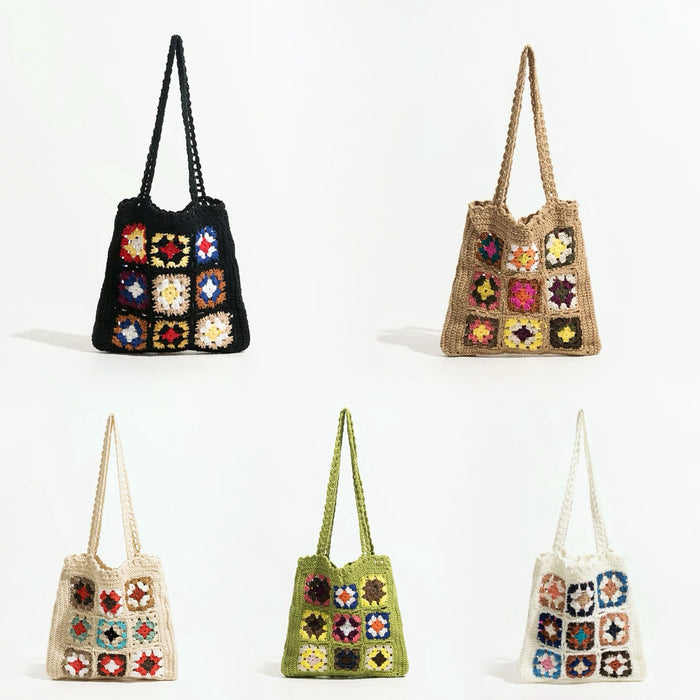 Front view of Five handmade crochet flower grid shoulder bags in black, khaki, apricot, green, and white.