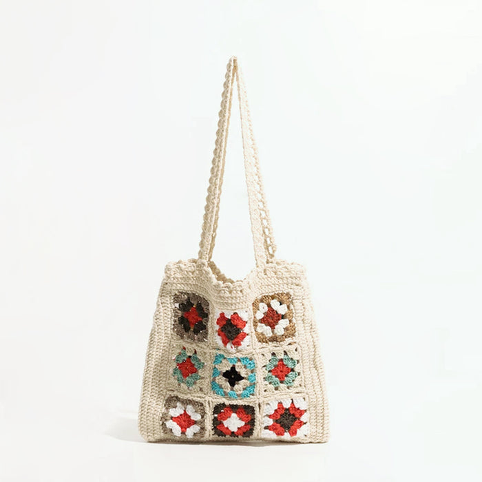 Close-up of Handmade crochet flower grid shoulder bag in apricot, featuring colorful floral granny.