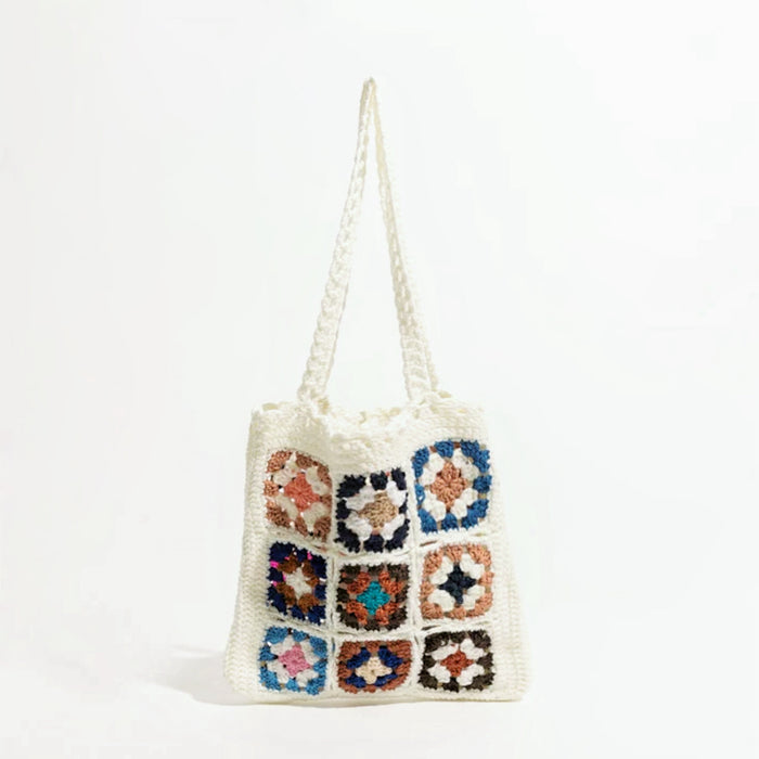 Front view of Handmade Crochet Flower Grid Shoulder Bag in white, ideal for errands and gifting.