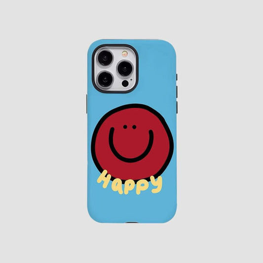 Blue silicone iPhone case with cheerful red smile graphic. Impact-resistant protection in a vibrant style.
