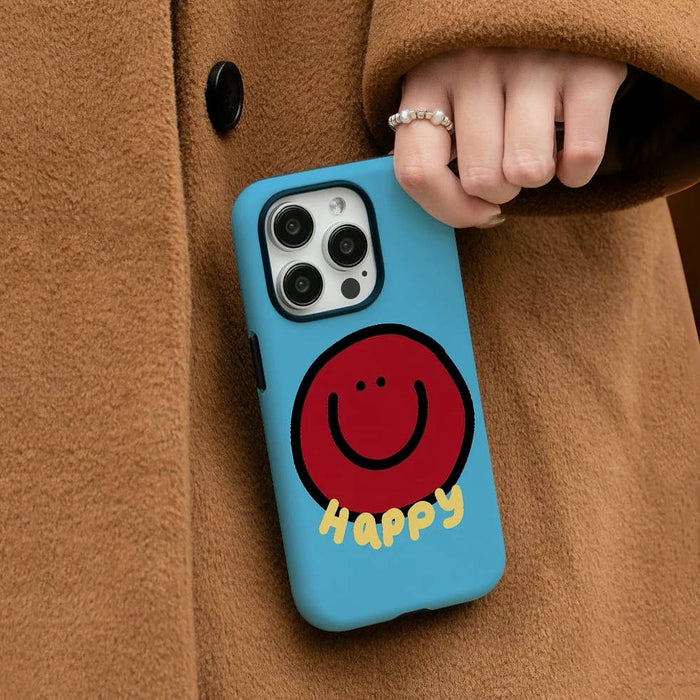 Close-up of model holding blue soft-touch silicone smile case. Playful aesthetic for casual daily outings.